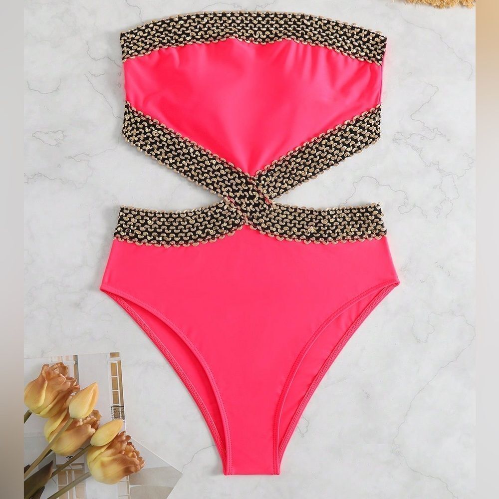 NEW Pink gold sequins strapless one piece monokini Cutout Swimsuit medium